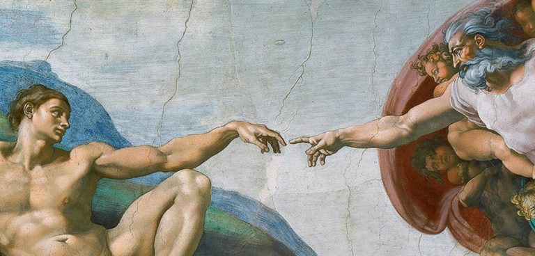 facts about michelangelo: Michelangelo Buonarroti, Creation of Adam from Sistine Chapel, 1508-1512, Vatican. Wikimedia Commons (public domain). Detail.

