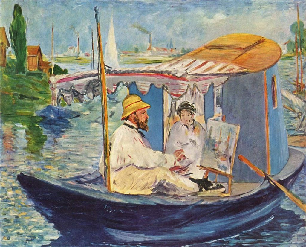 Claude Monet paintings: Edouard Manet, Monet painting on his studio boat, 1876, Neue Pinakothek, Munich, Germany.
