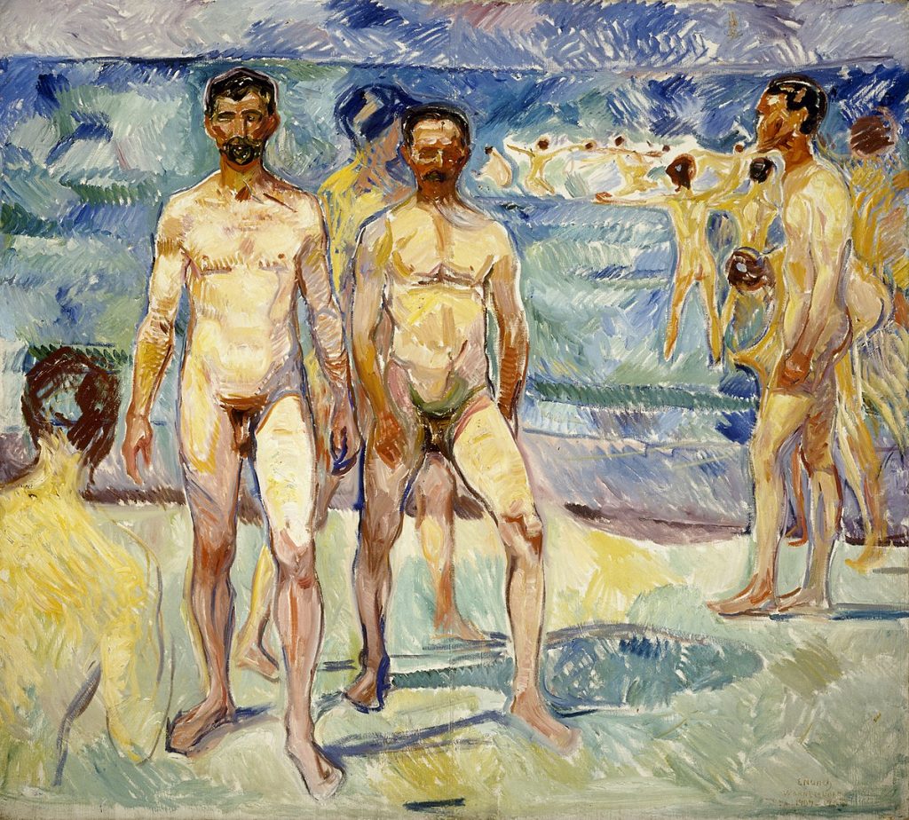 Male Nudes art: Male nudes in art: Edvard Munch, Badande män (Bathers), 1907, Ateneum Art Museum, Helsinki, Finland.
