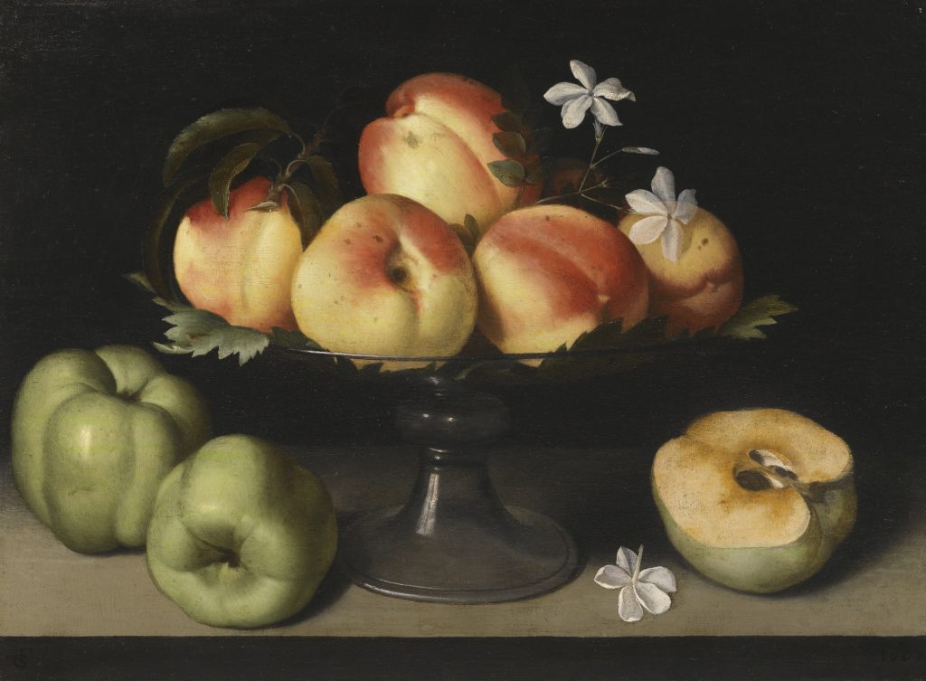 Fede Galizia, Glass Tazza with Peaches, Jasmine Flowers and Apples