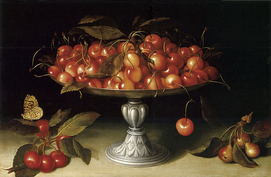 Fede Galizia, Cherries in a silver compote with crabapples on a stone ledge and a fritillary butterfly, private collection.