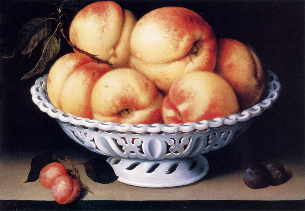 Fede Galizia: Fede Galizia, White Ceramic Bowl with Peaches and Red and Blue Plums, 1610, Silvano Lodi Collection, Campione, Switzerland. Christie’s.
