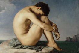 Male nudes in art: Jean-Hippolyte Flandrin, Study, Young Male Nude Seated beside the Sea, 1836, Musée du Louvre, Paris, France.
