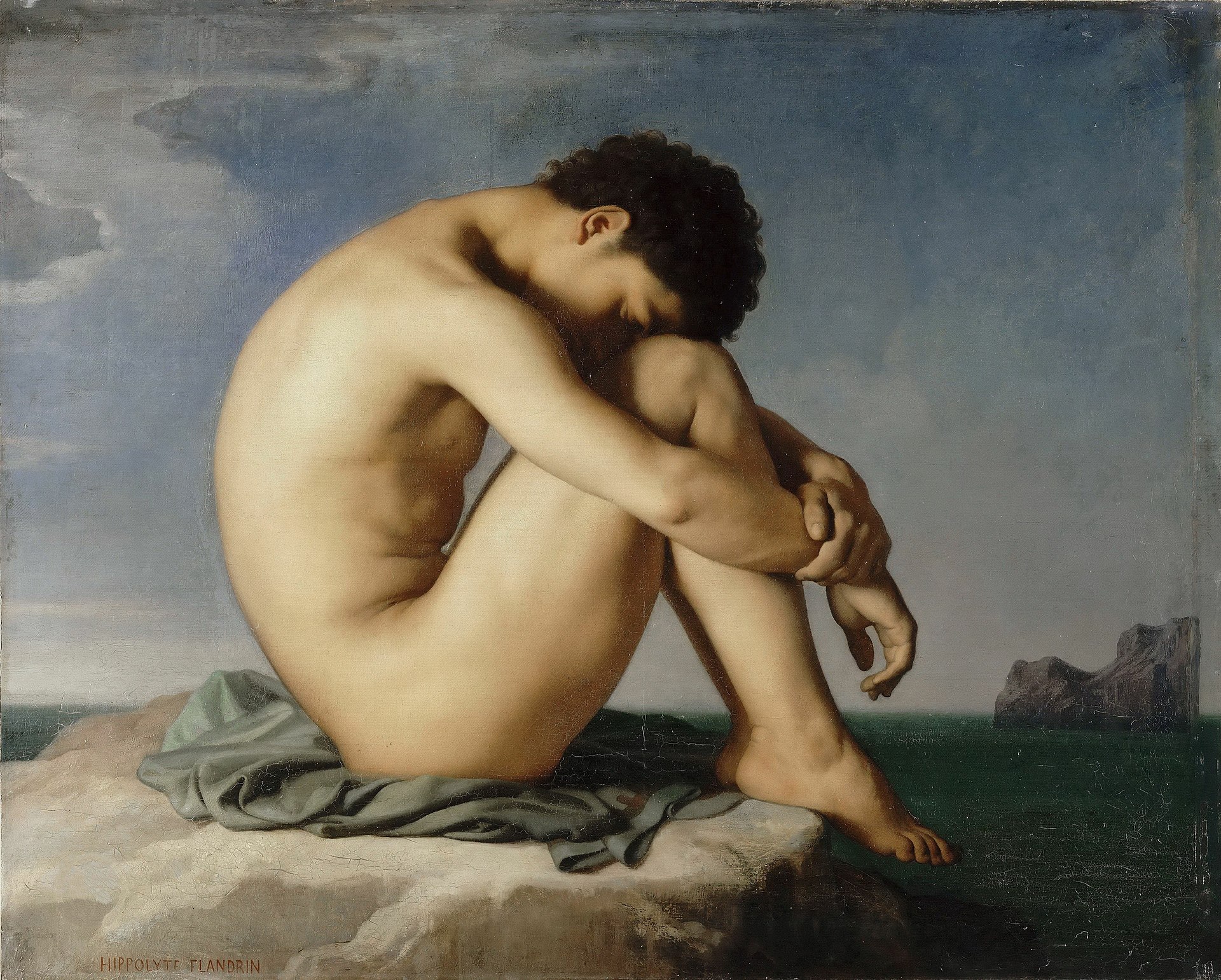 Male nudes in art: Jean-Hippolyte Flandrin, Study, Young Male Nude Seated beside the Sea, 1836, Musée du Louvre, Paris, France.