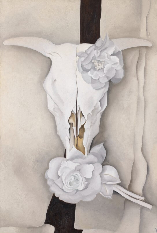 georgia o'keeffe art: Georgia O’Keeffe, Cow’s Skull with Calico Roses, 1931, The Art Institute of Chicago, Chicago, IL, USA.

