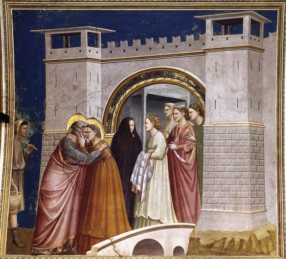 giotto meeting golden gate: Giotto, Meeting at the Golden Gate, 1305, Scrovegni Chapel, Padua, Italy. Wikimedia Commons (public domain).
