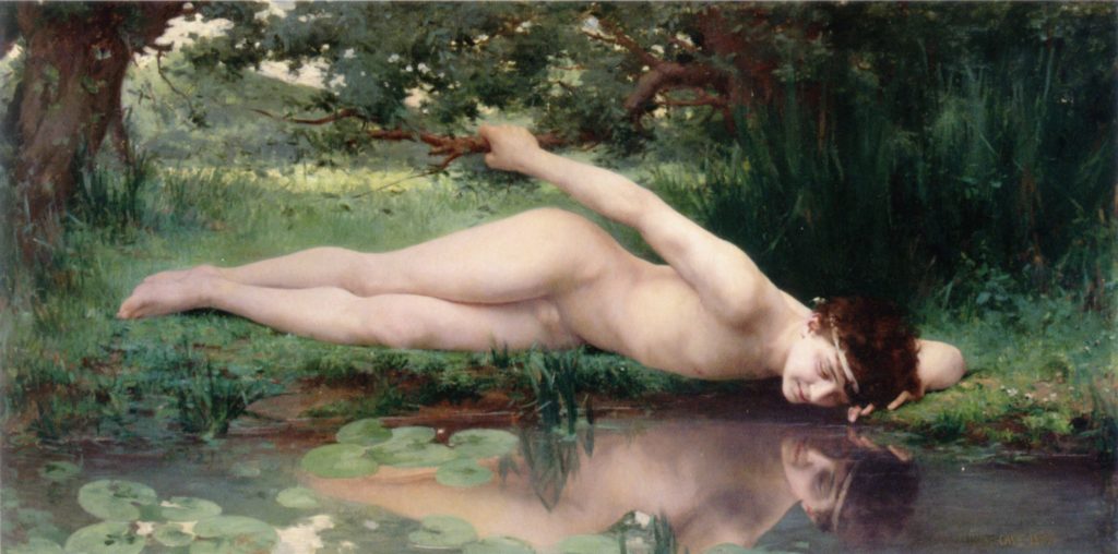 Male Nudes art: Male nudes in art: Jules-Cyrille Cavé, Narcissus, 1890, private collection. Wikimedia Commons (public domain).

