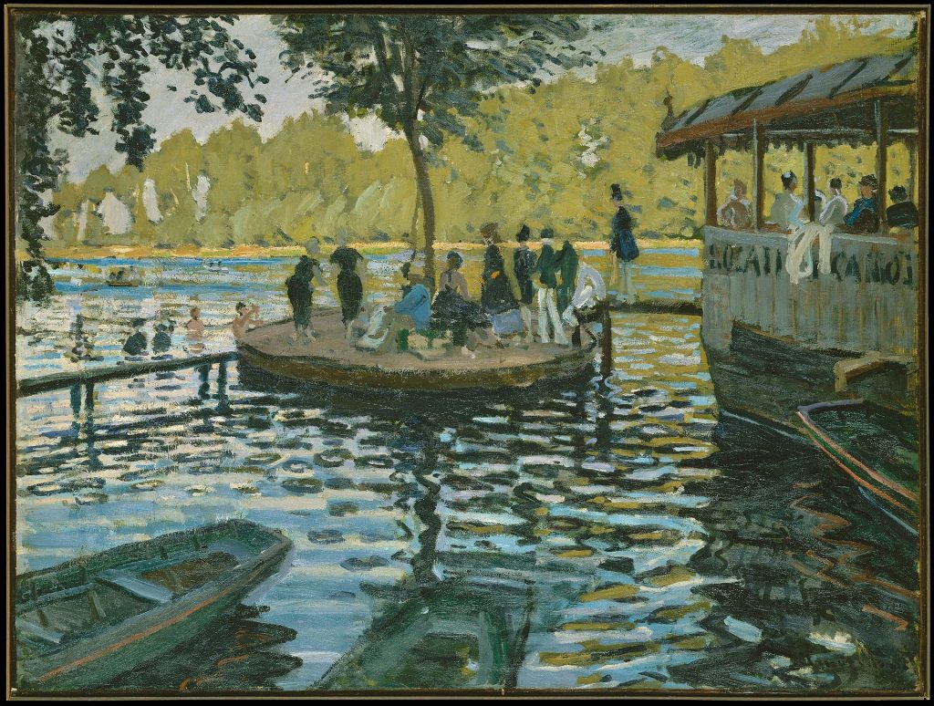 Claude Monet painting: Claude Monet, La Grenouillère, 1869, Metropolitan Museum of Art, New York, NY, USA.

