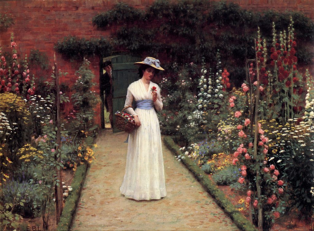 gardens in painting: Edmund Blair Leighton, Lady in a Garden. ca. 1906. Wikimedia Commons (public domain).
