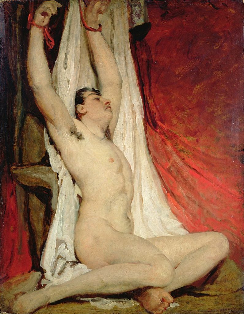 Male Nudes art: Male nudes in art: William Etty, Male Nude, with Arms Up-Stretched, 1828, York Museums and Gallery Trust, York, UK.
