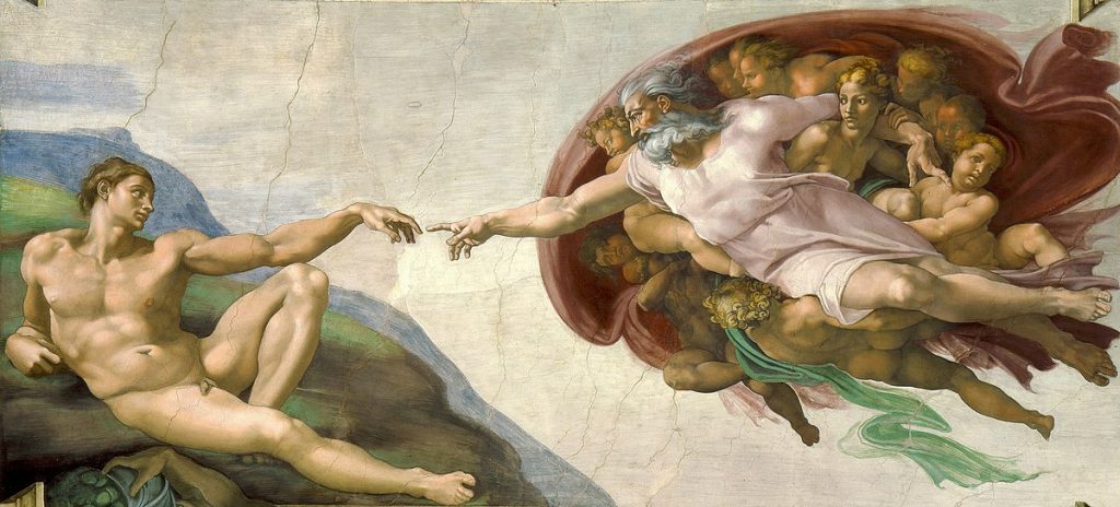 Male nudes in art: Michelangelo, The Creation of Adam, c. 1512, Sistine Chapel, Vatican City, Vatican.