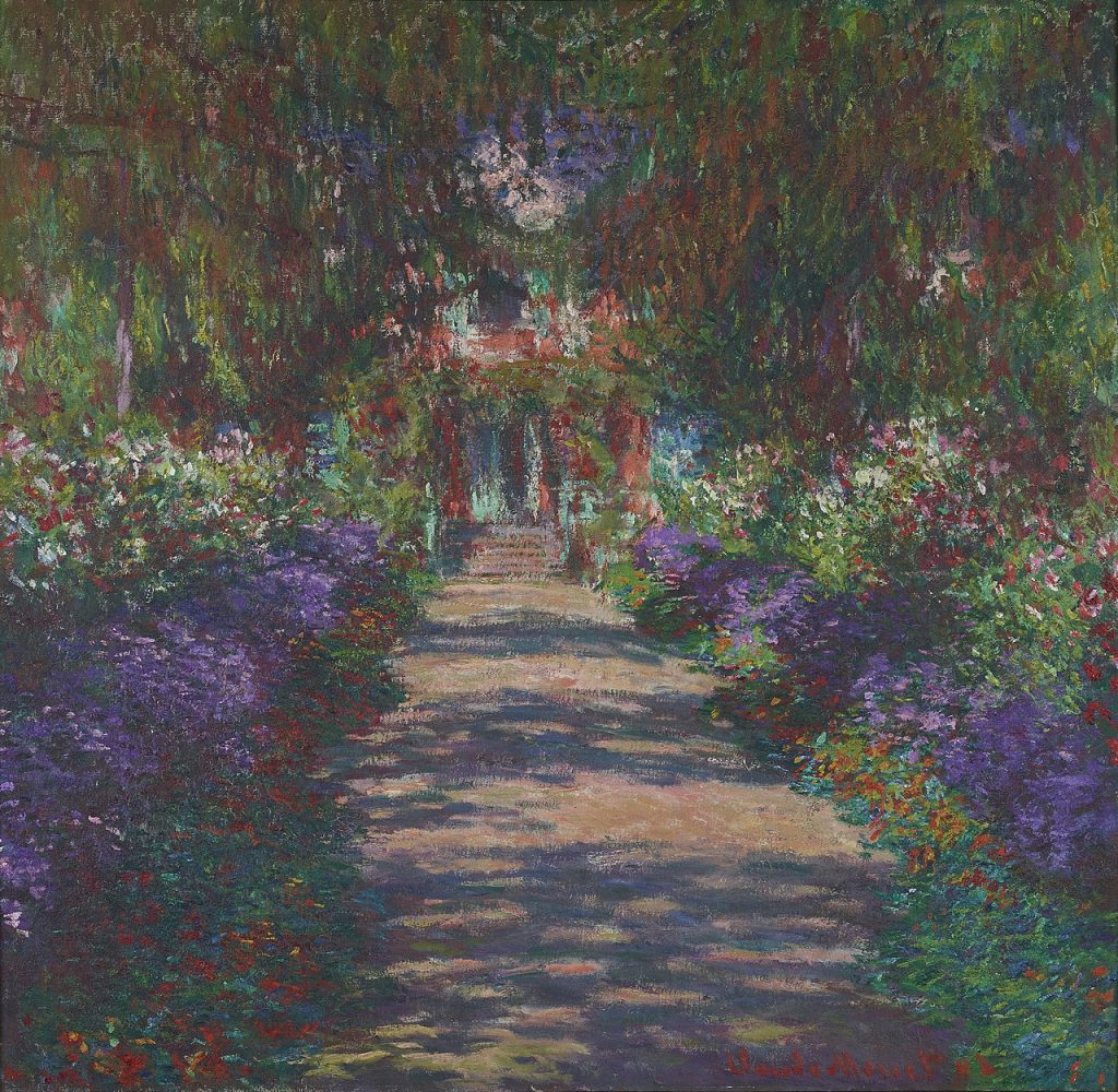 Claude Monet painting: Claude Monet, Pathway in Monet’s garden at Giverny, 1901-1902, Österreichische Galerie Belvedere, Vienna, Austria.
