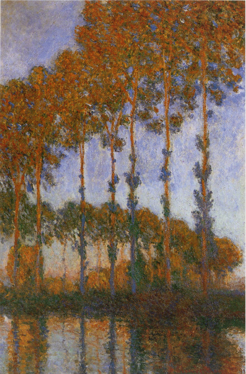Claude Monet painting: Claude Monet, Poplars on the banks of the river Epte, effect of sunset, 1891, private collection.
