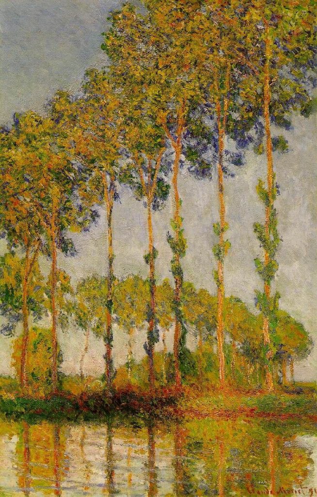 Claude Monet painting: Claude Monet, Row of poplars in autumn, 1891, private collection. Arts Viewer.
