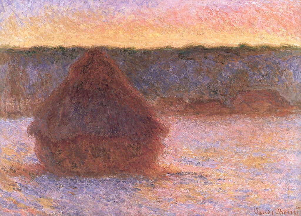 Claude Monet painting: Claude Monet, Grainstack at sunset, winter, 1890-1891, private collection. Fine Art America.
