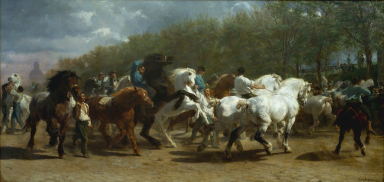 Rosa Bonheur horse fair: Rosa Bonheur, The Horse Fair, 1852-1855, The Metropolitan Museum of Art, New York, NY, USA. Wikimedia Commons (public domain). Detail.
