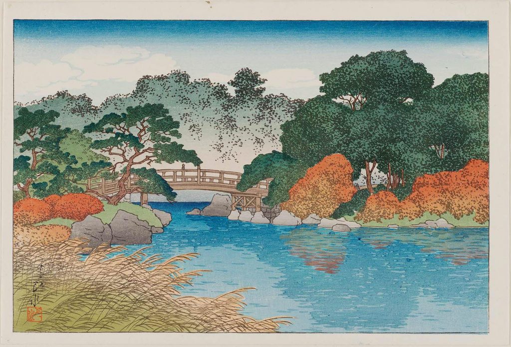 gardens in painting: Hasui Kawase, The Garden in Autumn, from an untitled series of views of the Mitsubishi villa in Fukagawa, ca. 1920, Museum of Fine Arts, Boston, MA, USA.
