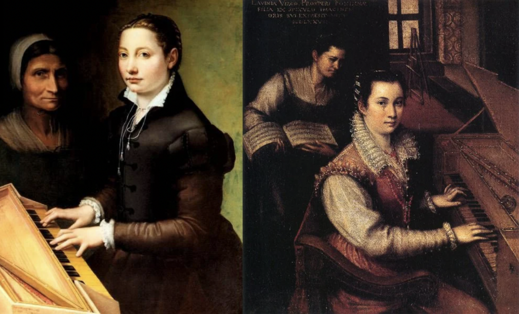Marietta Robusti: Left: Sofonisba Anguissola, Self-Portrait at the Spinet, 1561, The Castle Museum in Łańcut, Poland. Right: Lavinia Fontana, Self-Portrait at the Spinet, 1577, Accademia Nazionale di San Luca, Rome, Italy. Smithsonian Magazine.
