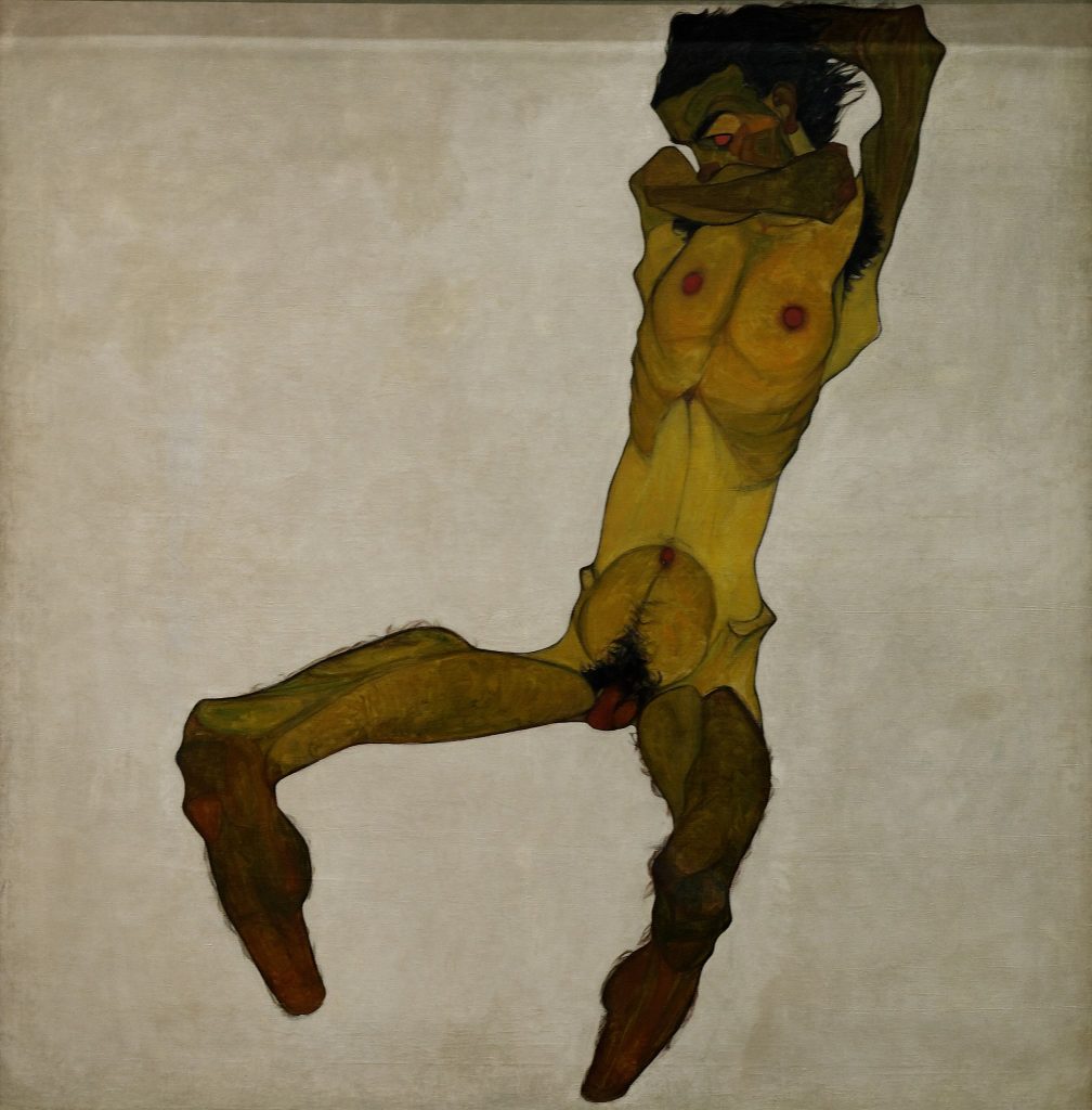 Male Nudes art: Male nudes in art: Egon Schiele, Seated Male Nude (Self-Portrait), 1910, Leopold Museum, Vienna, Austria.
