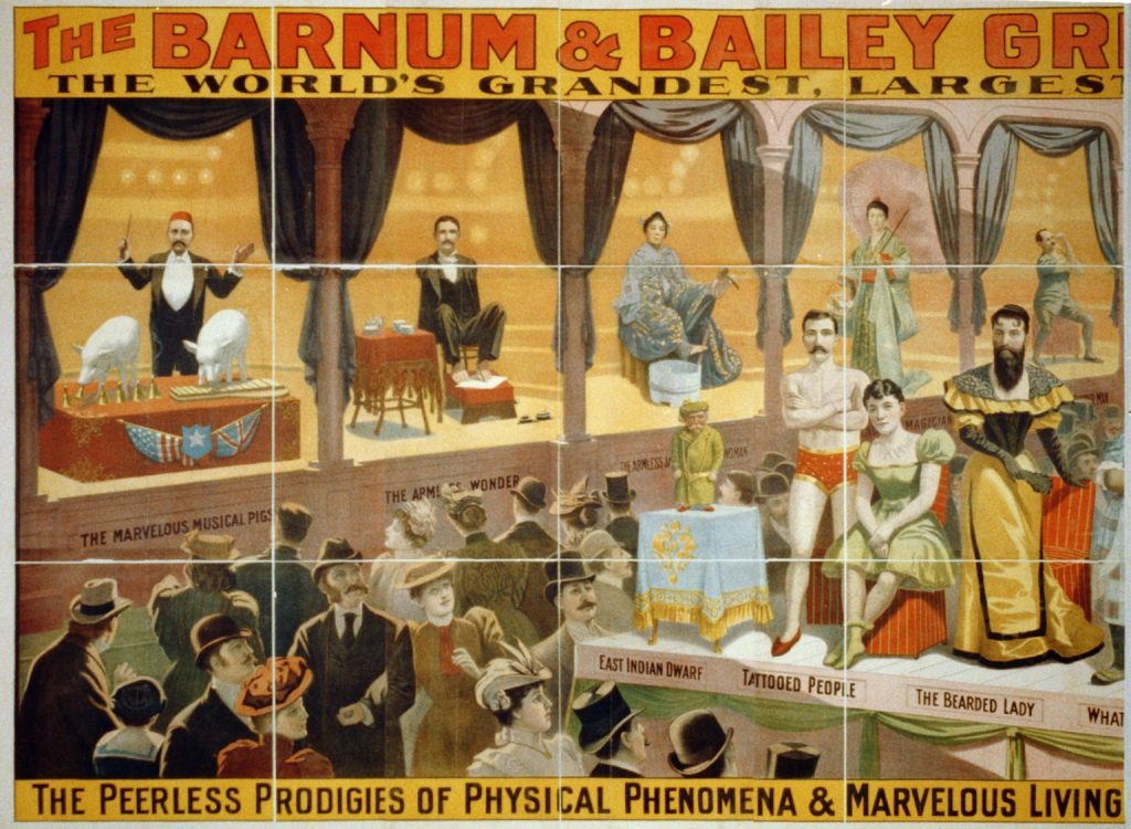 A color promotional flyer featuring people in Barnum & Bailey's Circus including The Tattooed People