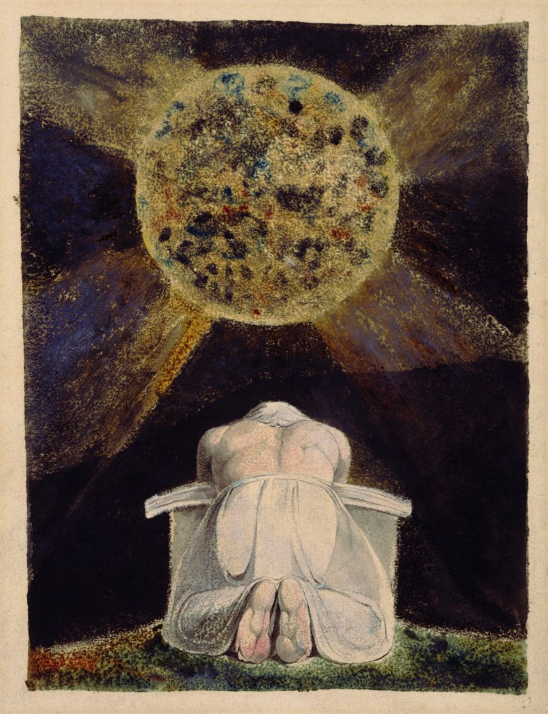 william blake john higgs: William Blake, Frontispiece of The Song of Los, the scene represents Urizen presiding over the decline of morality, 1795. Wikimedia Commons (public domain).
