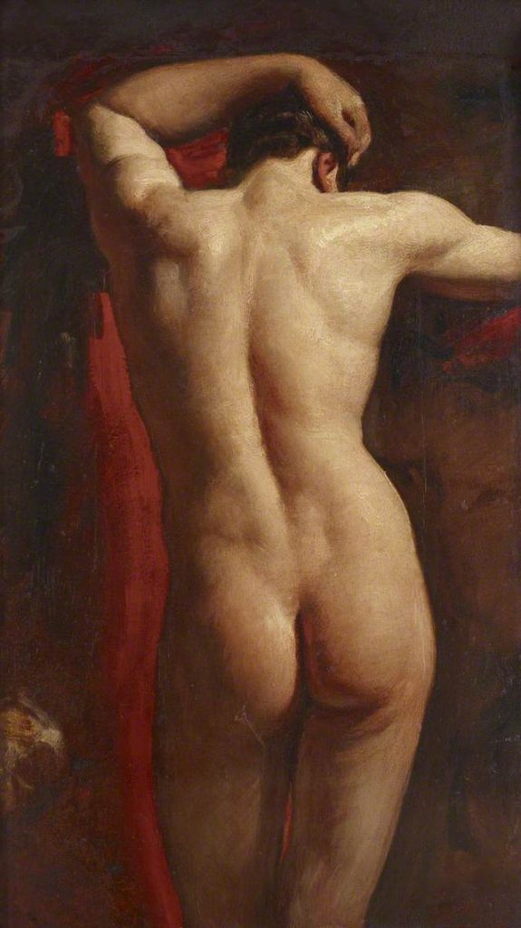 Male Nudes art: Male nudes in art: William Etty, Academic Study of a Male Nude, seen from Behind, c. 1830-1835, Anglesey Abbey, National Trust, UK.
