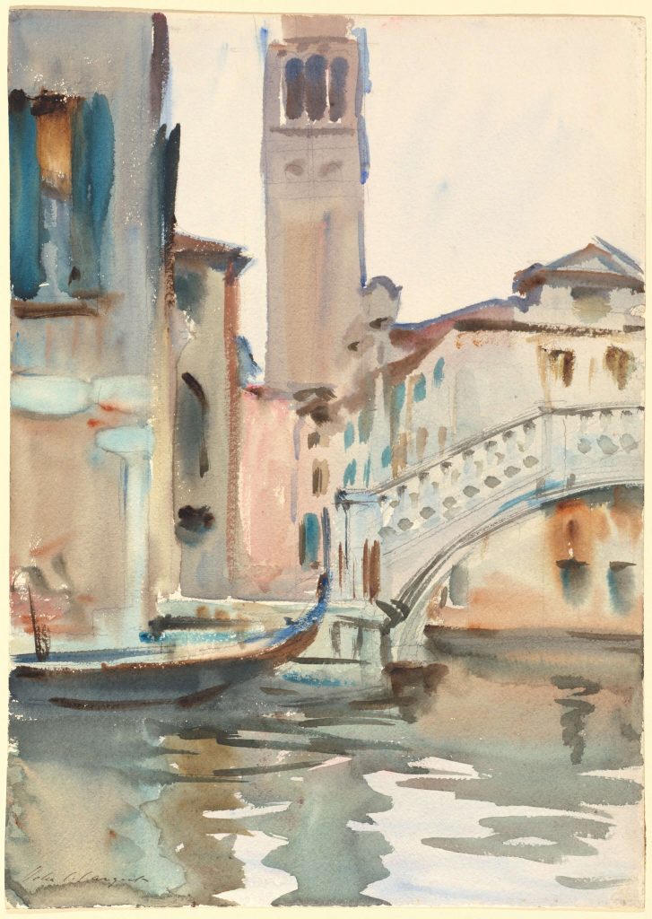 Sargent watercolors: John Singer Sargent, A Bridge and Campanile, Venice, 1902/4, watercolor over black chalk on thick wove paper, National Gallery of Art, Washington, DC, USA.
