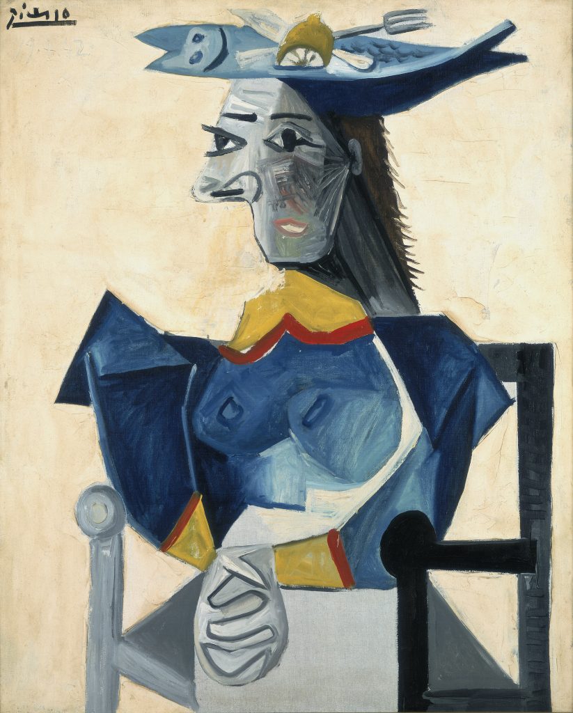 10 Masterpieces in DailyArt App: Pablo Picasso, Seated Woman with Fish-Hat, 1942, Stedelijk Museum, Amsterdam, Netherlands.