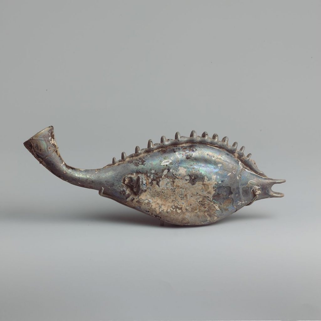 Roman glass: Roman Glass Fish Flask, 3rd century CE, The Metropolitan Museum of Art, New York, NY, USA. Museum’s website.
