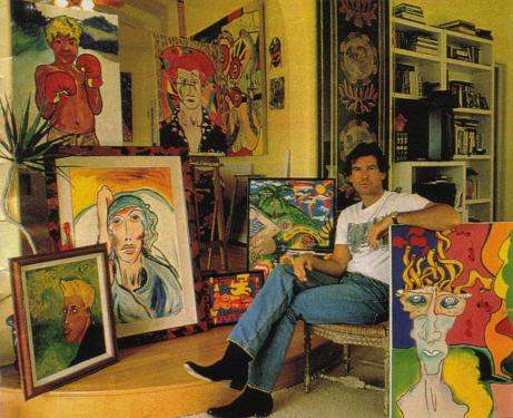 Pierce Brosnan with a selection of his art.