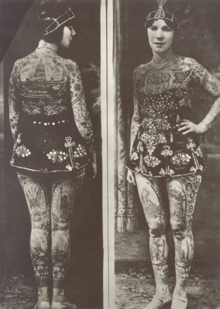 Tattooed ladies: Photograph of Irene Woodward, from “The Tattooed Woman” in The New York Times, March 19, 1882. Afflictor.

