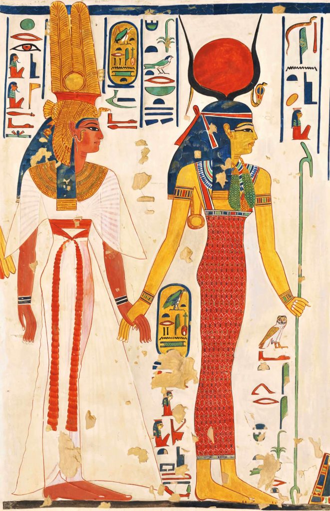Queen Nefertari: Queen Nefertari and Goddess Isis, New Kingdom, 19th Dynasty, ca. 1279-1213 BCE, pigment on plaster, QV66 Tomb of Nefertari, Valley of the Queens, Luxor, Egypt.
