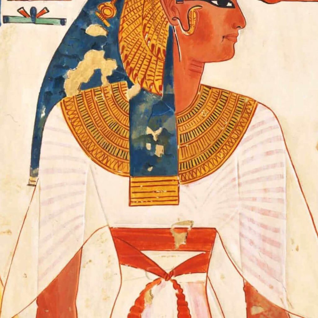 Queen Nefertari: Queen Nefertari and Goddess Isis, New Kingdom, 19th Dynasty, ca. 1279-1213 BCE, pigment on plaster, QV66 Tomb of Nefertari, Valley of the Queens, Luxor, Egypt. Detail.
