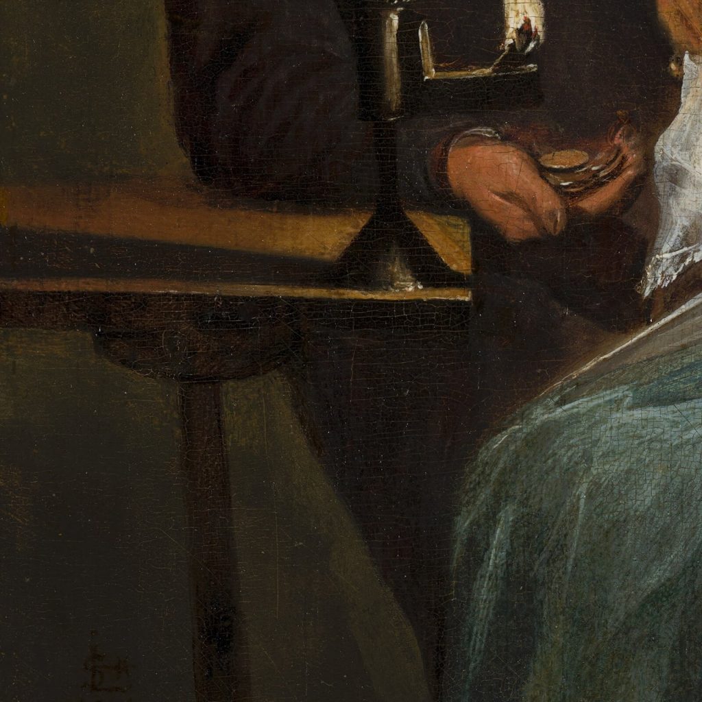 Judith Leyster: Judith Leyster, Man Offering Money to a Young Woman, 1631, oil on panel, Mauritshuis, Den Haag, Netherlands. Detail.
