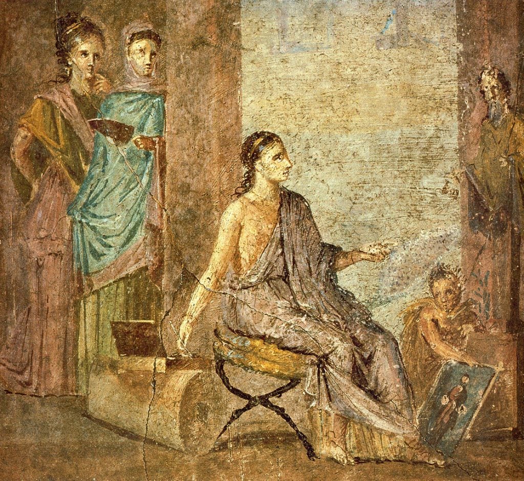 ancient sculptures colors. Woman, painting a statue of Priapus. Roman fresco from the Casa del Chirurgo, 1st century BCE, Casa del Chirurgo, Pompeii, Italy
