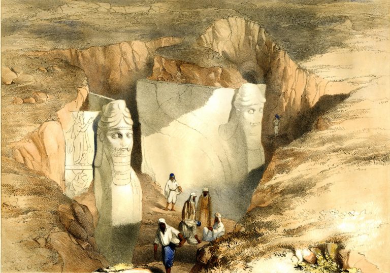 lamassu: Robert H Clive, View of excavations at Nimrud with Kurdish and Arab workers, ca. 1852, British Museum, London, UK. Detail.
