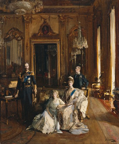 queen elizabeth ii: Sir John Lavery, The Royal Family at Buckingham Palace, 1913, National Portrait Gallery, London, UK.
