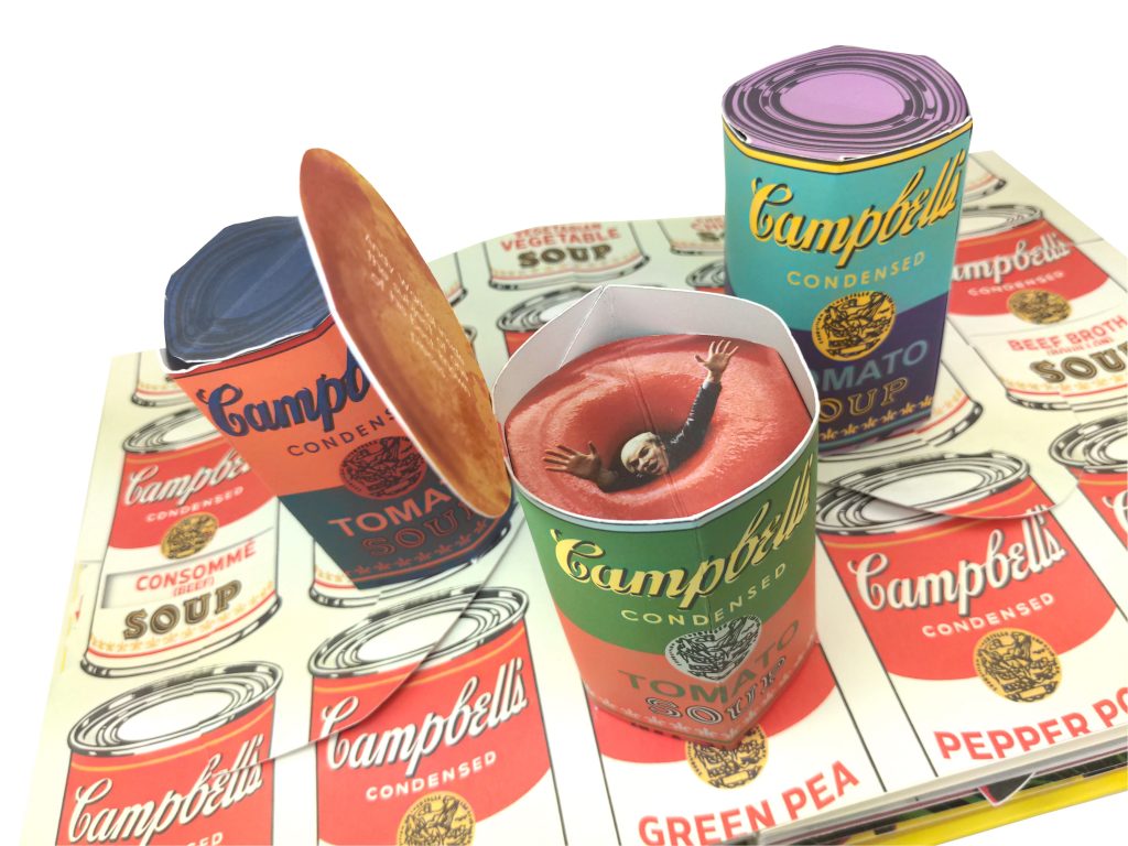 Andy Warhol pop up: Andy Warhol’s pop-up Campbells Cans Andy Swimming, in Andy Warhol’s Pop Up Pop Art: The Silver Factory, Poposition Press, 2022.
