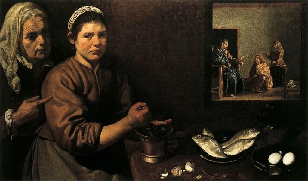 Spanish bodegones: Diego Velázquez, Christ in the House of Mary and Martha, ca. 1618, National Gallery, London, UK.