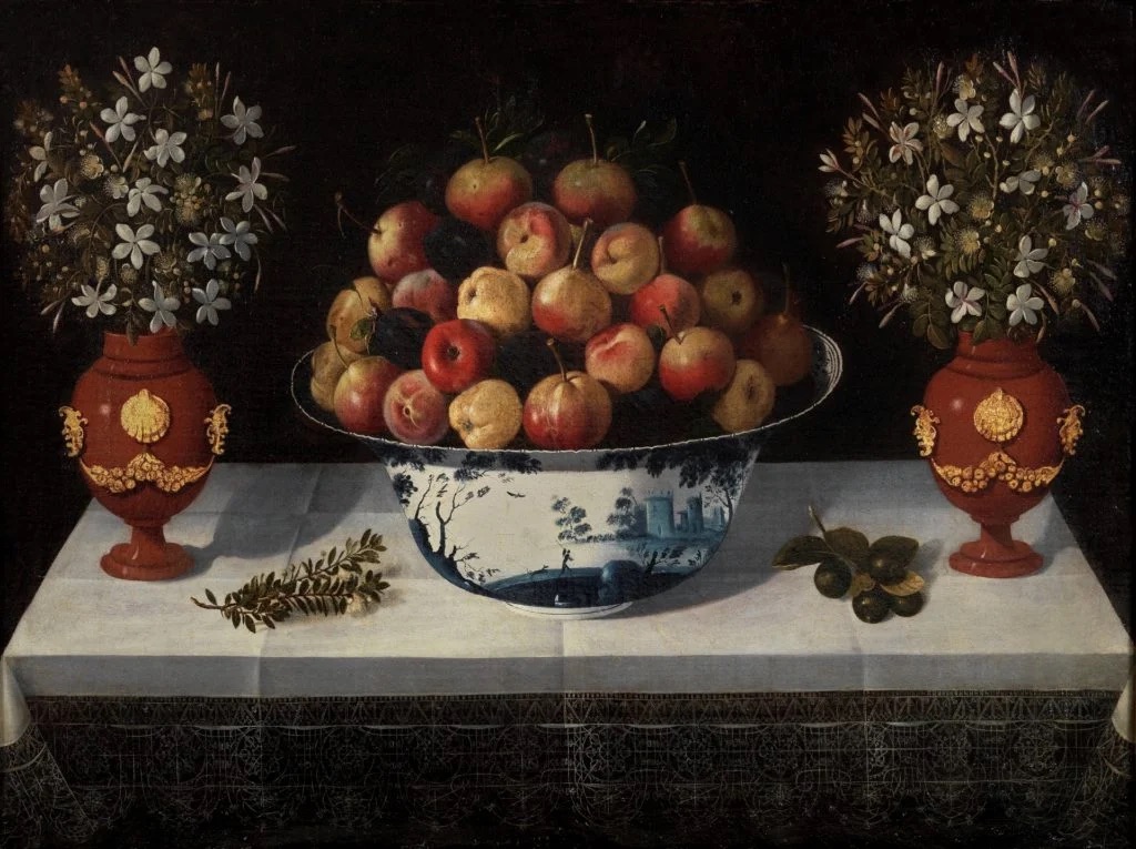 Spanish bodegones: Tomás Hiepes, Delft Fruit Bowl and two Vases of Flowers, ca. 1642, Museo del Prado, Madrid, Spain.