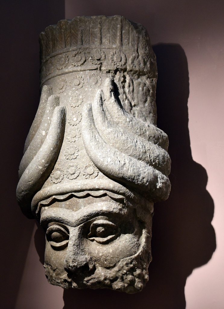 lamassu: Head of an Assyrian colossal shedu-lamassu from the Royal Palace of Sargon II at Khorsabad, Iraq, ca. 710 BCE, Iraq Museum, Baghdad, Iraq. Photograph of Osama Shukir Muhammed Amin FRCP(Glasg) via Wikimedia Commons (CC-BY-SA-4.0).
