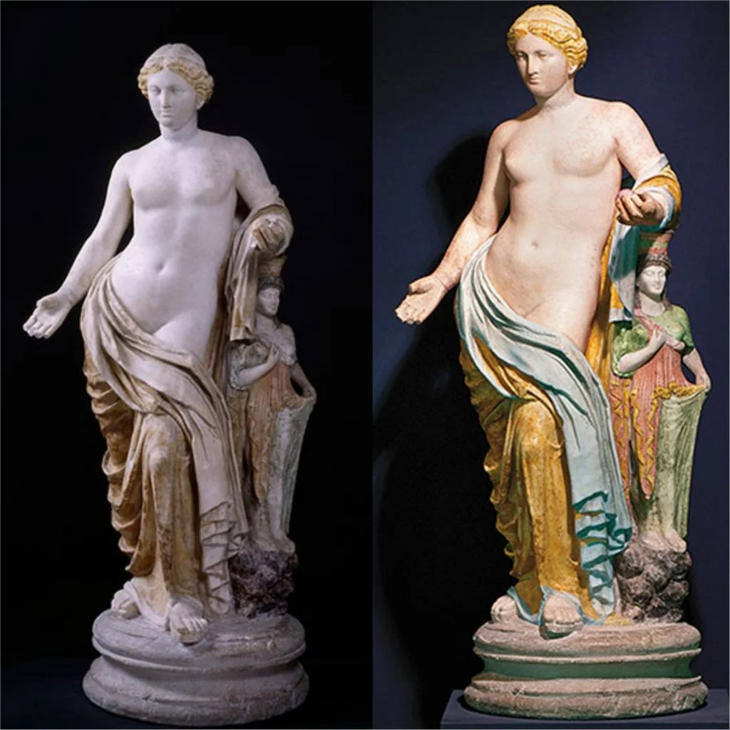 ancient sculptures colors. Venus Lovatelli from Pompeii, 1st century CE, National Archaeological Museum, Naples, Italy. Vinzenz Brinkmann, Ulrike Koch-Brinkmann, Colorized replica of Venus Lovatelli from Pompeii, Polychromy Research Project
