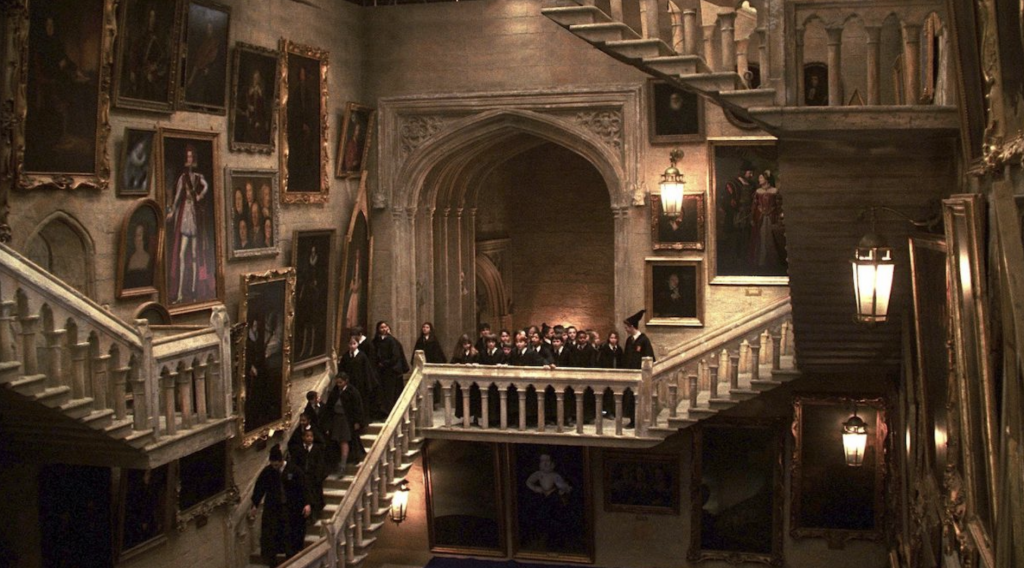 art in Harry Potter: Art reference to Escher’s Relativity in Harry Potter and the Sorcerer’s Stone, directed by Chris Columbus, 2001, Warner Bros. Pictures. Nerdist. Detail. 

