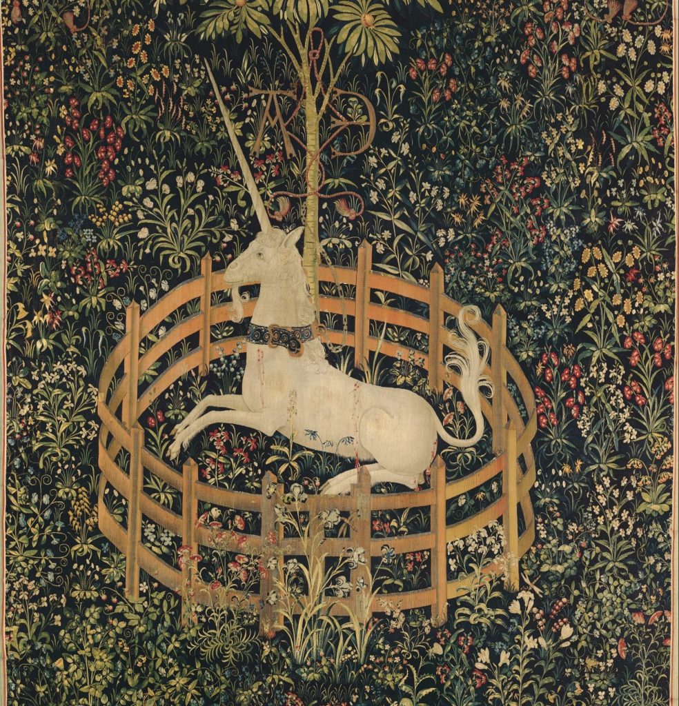 art in Harry Potter: The Unicorn in Captivity, from The Unicorn Tapestries, 1495-1505. South Netherlandish, The Met Cloisters, New York, NY, USA. Detail.

