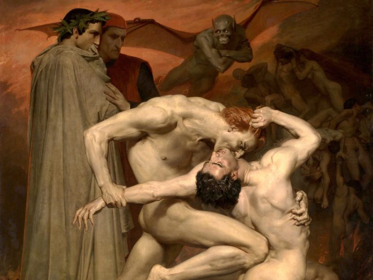 nudes academic art: William-Adolphe Bouguereau, Dante and Virgil in Hell, 1850, Musée d’Orsay, Paris, France. Wikimedia Commons (public domain). Detail.
