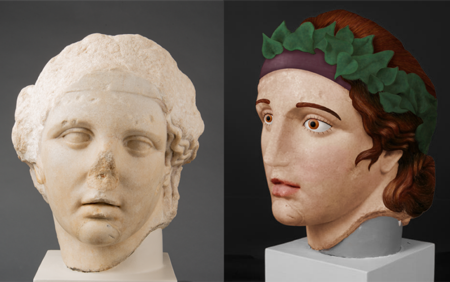ancient sculptures colors, Head of Baccus, 2nd century BCE, Kelsey Museum of Archaeology, Ann Arbor, MI, USA. Head of Baccus, 2nd century BCE, colorized digital reconstruction by Emily Pierattini