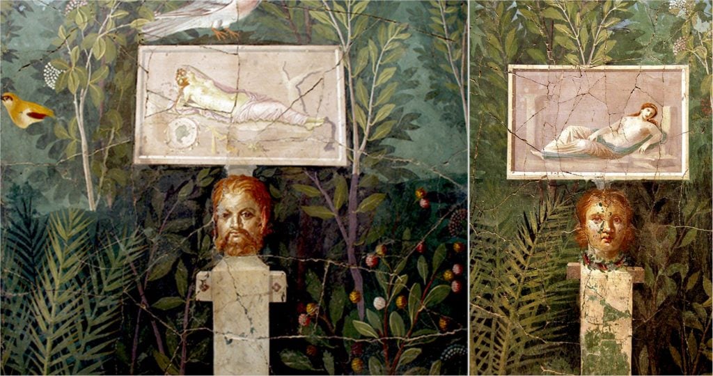ancient scluptures colors, Ancient Roman fresco, Garden room, 1st century BCE, Casa del Bracciale d’Oro, Pompeii, Italy. Romano Impero.