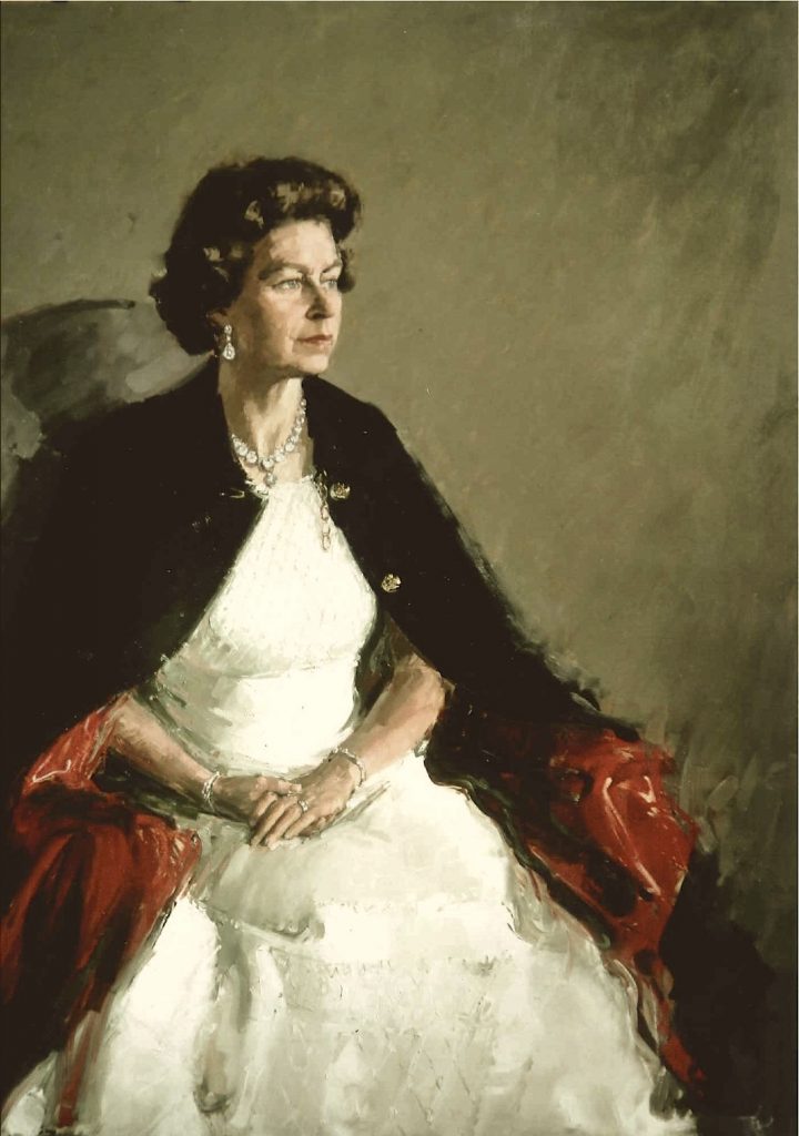 queen elizabeth ii: David Poole, Her Majesty Queen Elizabeth II’ for Royal Artillery Woolwich, 1975. Royal Society of Portrait Painters.
