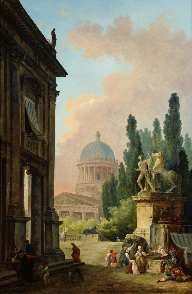 hubert Robert: Hubert Robert, Imaginary View of Rome with the Horse-Tamer of the Monte Cavallo and a Church, ca. 1786, National Museum of Western Art, Tokyo, Japan. Wikimedia Commons (public domain).
