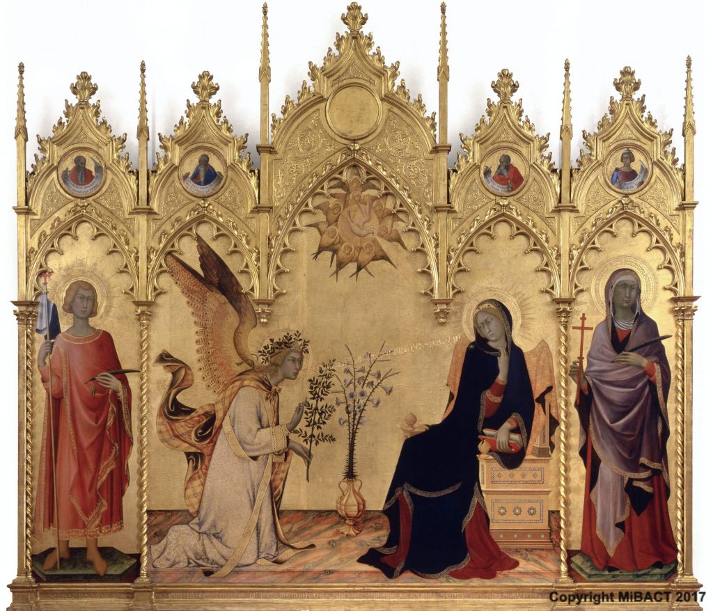 Proto-Renaissance: Simone Martini and Lippo Memmi, The Annunciation with St. Margaret and St. Ansanus, 1333, Ufizzi Gallery, Florence, Italy.
 
